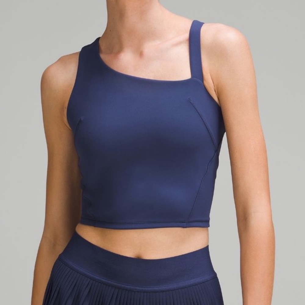 NEW Lulu Everlux Asymmetrical Crop Top Navy Size 8